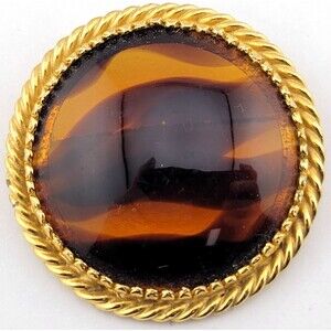 Vintage Signed Kramer Brown Lucite Tortoise Shell Stripe Brooch Pin 2" Gold Tone